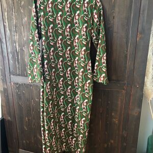 Green Floral Pattern Long Sleeve Women's Dress with front slit
